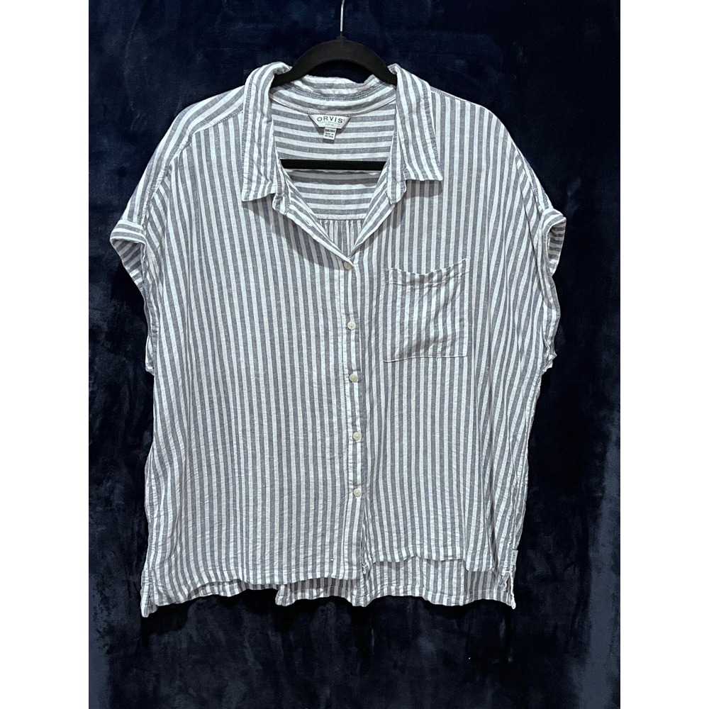 ORVIS Classic Railroad Striped Linen Blend Short Sleeve Shirt Women XXL‎